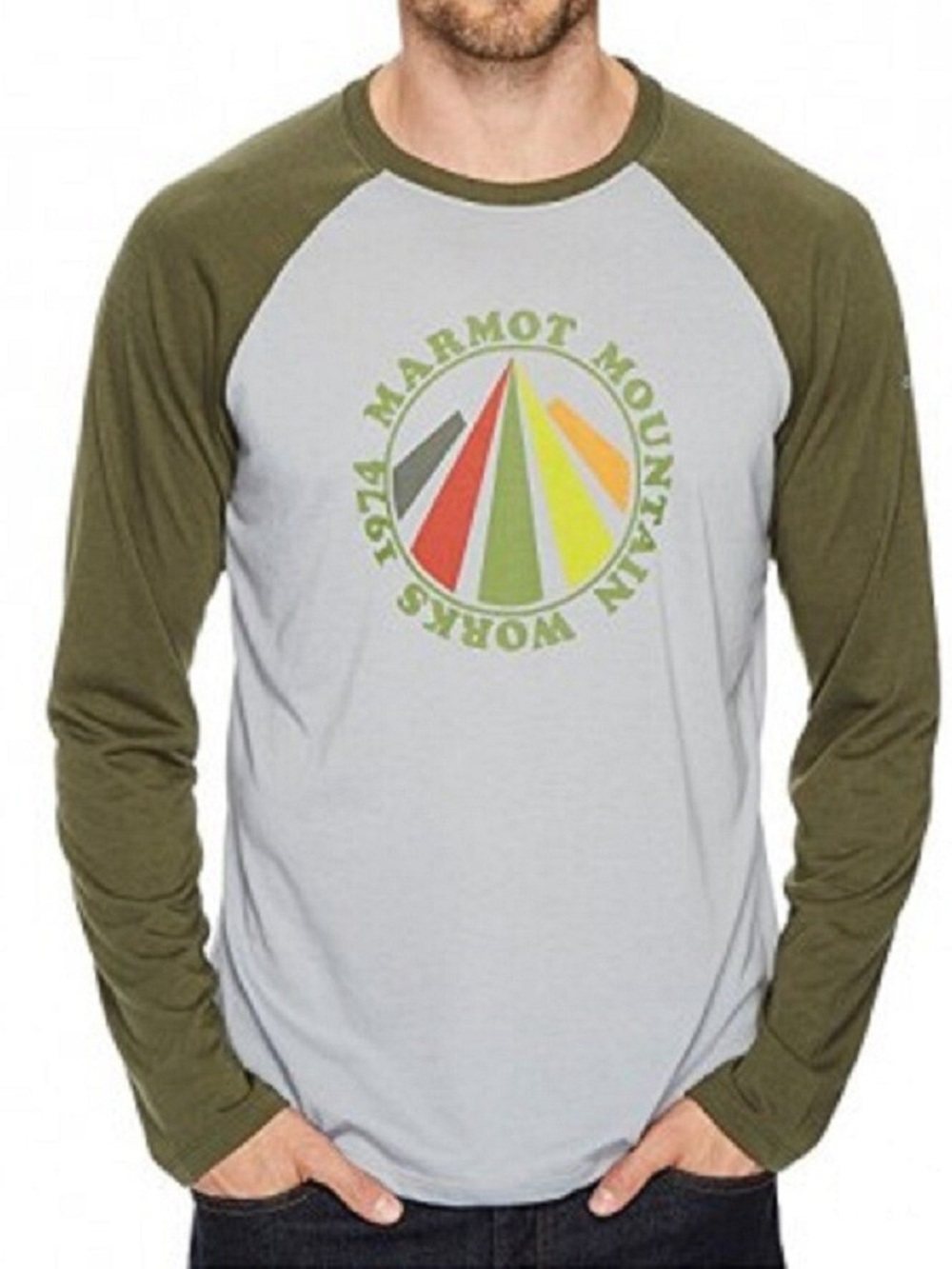 Marmot Mens Large Raglan Storm Gray Forest NightLong Sleeve T-Shirt